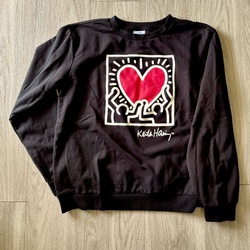 Keith Haring Graphic Sweatshirt Black Heart Pop Art Size L